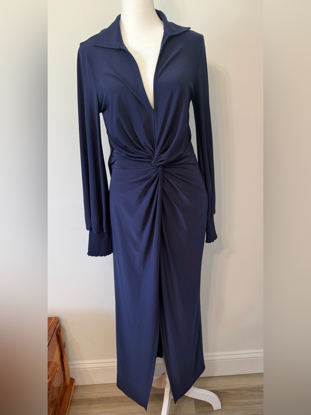 VENUS Deep Navy Twist-Front Maxi Dress • Long Sleeve Smocked Cuffs • Size M - Picture 1 of 13